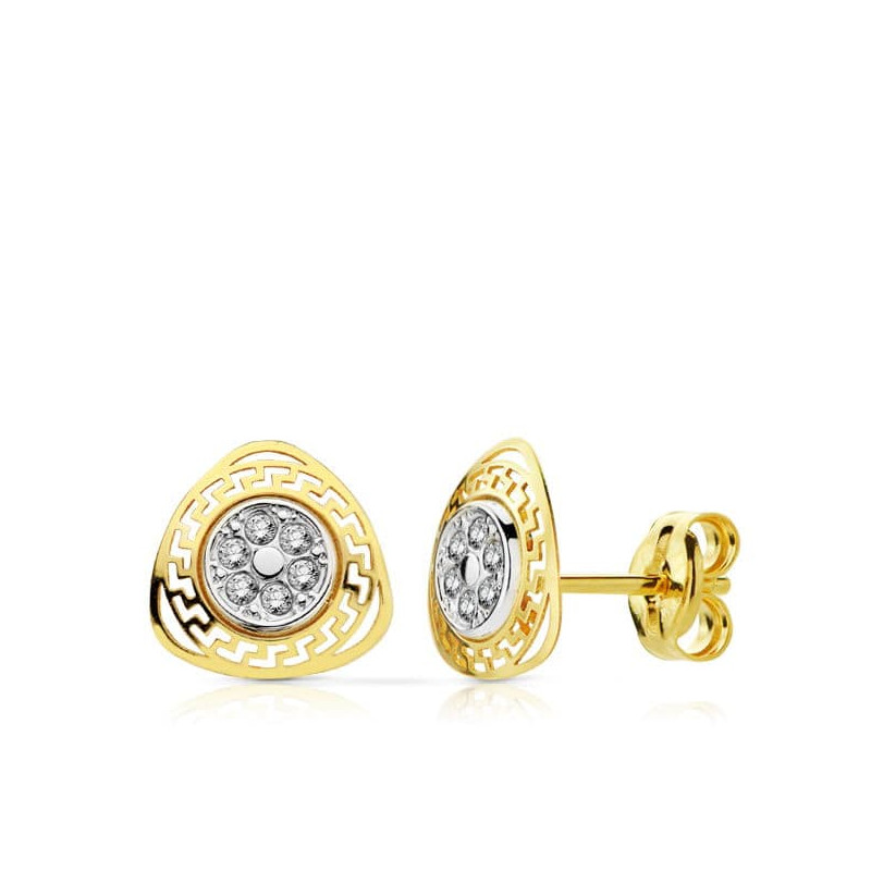 9K PENDIENTES ORO BICOLOR TRIANGULO CALADO GRECA CON CIRCONITAS. 8 X 8 MM