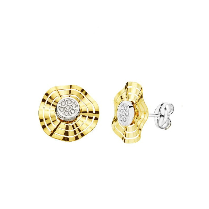 9K PENDIENTES ORO BICOLOR CALADOS CIRCONITA 10 MM CIERRE PRESION