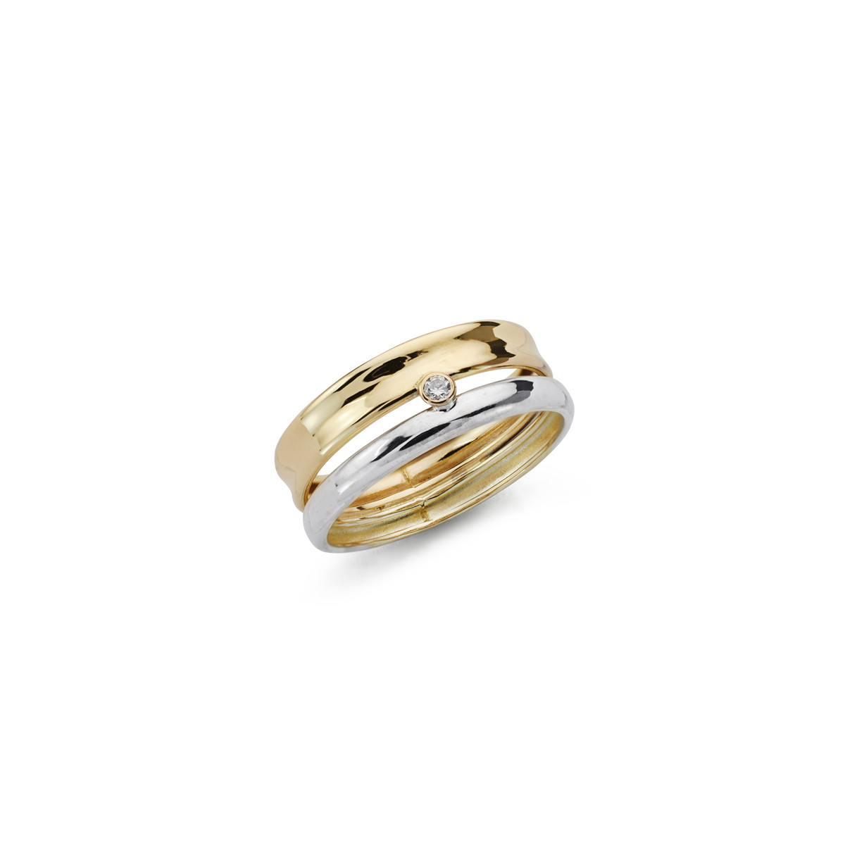 9K SORTIJA ORO BICOLOR BANDAS EN BRILLO CON CIRCONITA. ANCHO: 6,5 MM