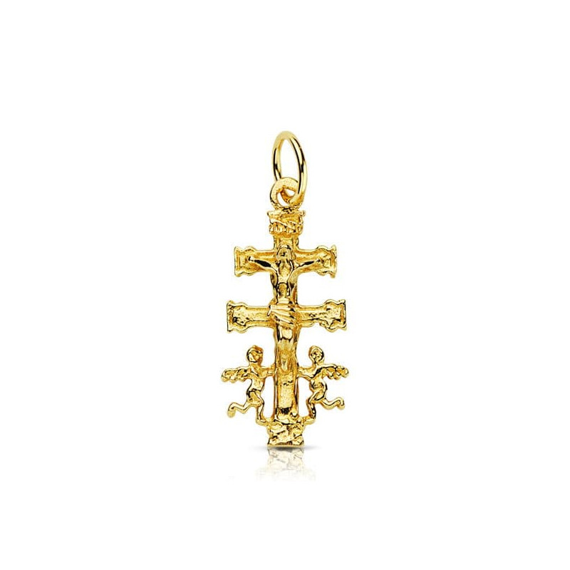 9K CRUZ ORO AMARILLO CARAVACA CON CRISTO. MEDIDA: 24 X 11 MM