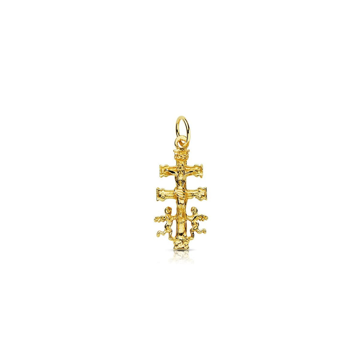 9K CRUZ ORO AMARILLO CARAVACA CON CRISTO. MEDIDA: 24 X 11 MM