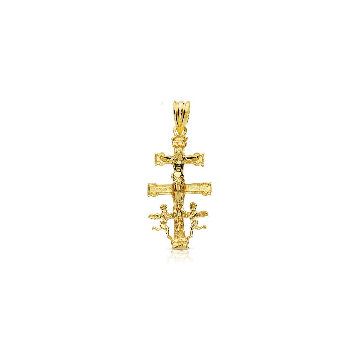 9K CRUZ ORO AMARILLO CARAVACA CON CRISTO. MEDIDA: 28 X 14 MM