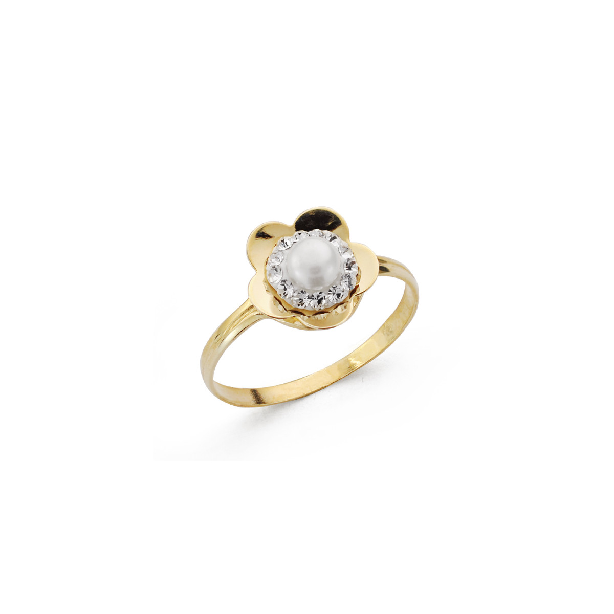 9K SORTIJA ORO AMARILLO FLOR CON PERLA Y CIRCONITAS. ANCHO: 9,5 MM