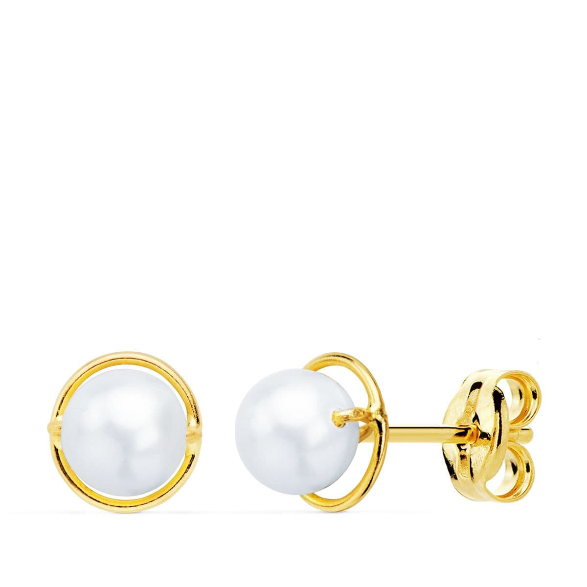 9K PENDIENTES ORO AMARILLO REDONDOS CON PERLAS 5 MM. CIERRE PRESION