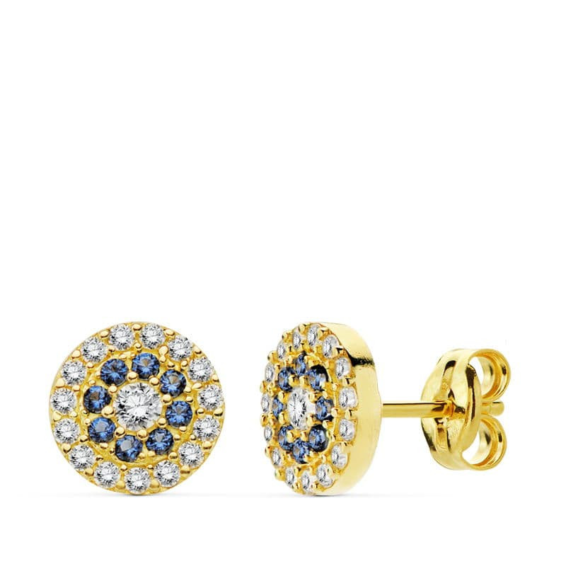 9K PENDIENTES CIRCONITAS BLANCAS Y AZULES 7MM CIERRE PRESION
