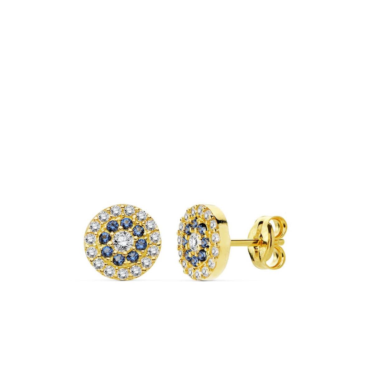 9K PENDIENTES CIRCONITAS BLANCAS Y AZULES 7MM CIERRE PRESION