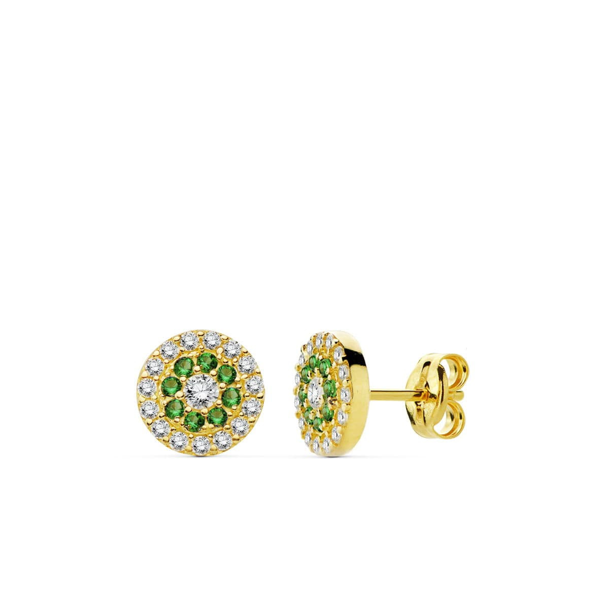 9K PENDIENTES CIRCONITAS BLANCAS Y VERDES 7MM CIERRE PRESION
