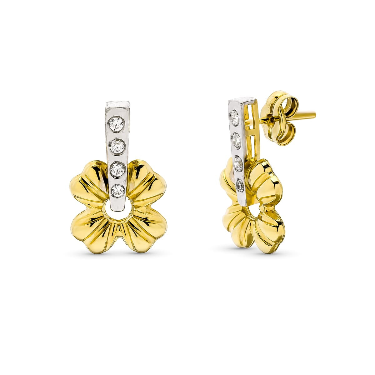9K PENDIENTES ORO BICOLOR FLOR CON CIRCONITAS EN CARRIL. CIERRE PRESION
