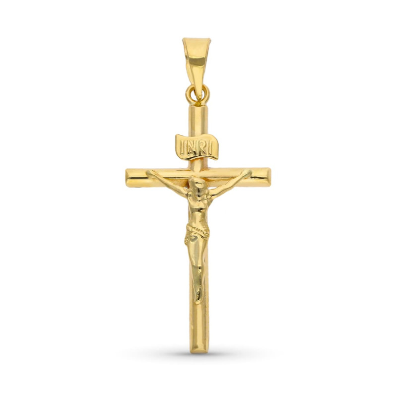 9K COLGANTE CRUZ CON CRISTO ESTAMPADO. MEDIDA: 24 X 14 MM. TUBO 2 MM
