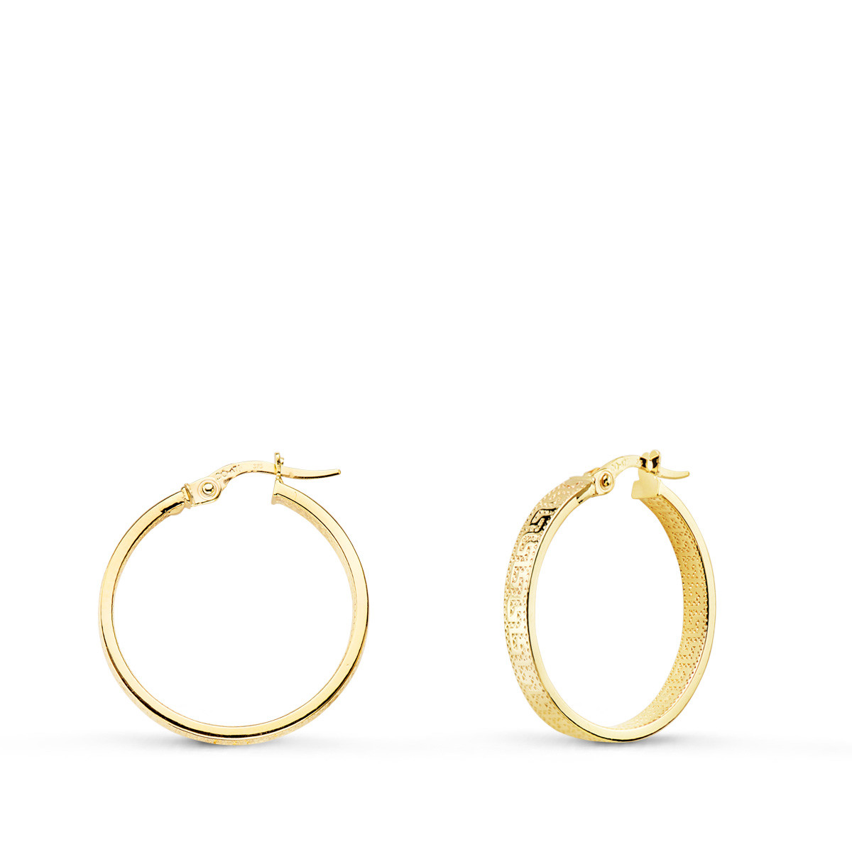 9K PENDIENTES ARO HUECOS CON GRECA 23 MM TUBO RECTANGULAR 23 MM X 4MM
