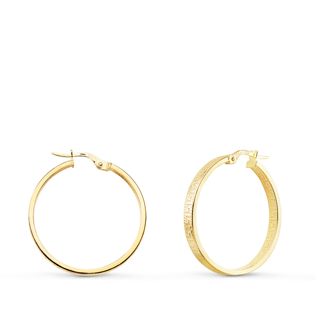 9K AROS ORO AMARILLO HUECOS CON GRECA 28 MM TUBO RECTANGULAR 3 MM X 1.2 MM