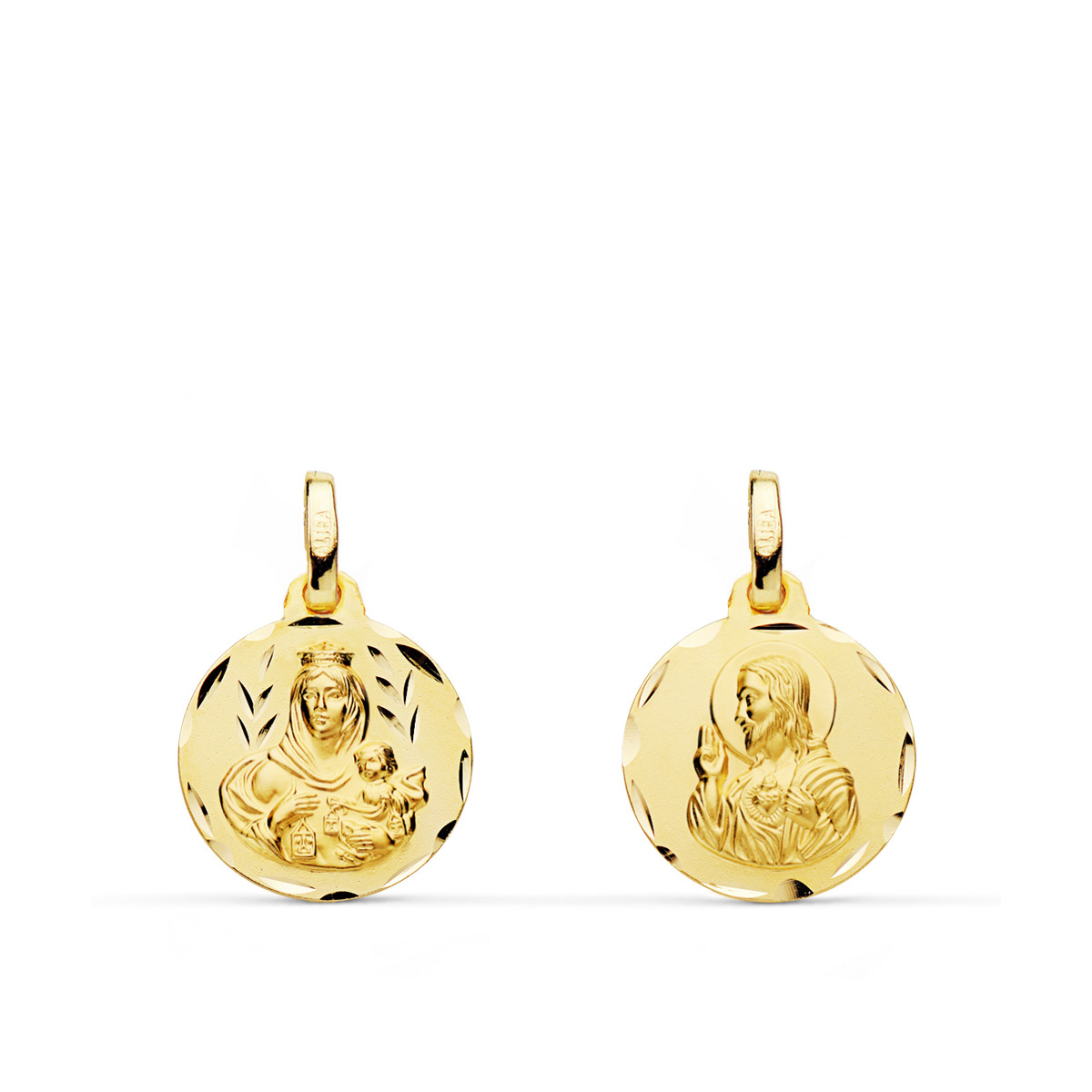9K ESCAPULARIO ORO AMARILLO TALLADO VIRGEN DEL CARMEN CORAZON DE JESUS 14 MM