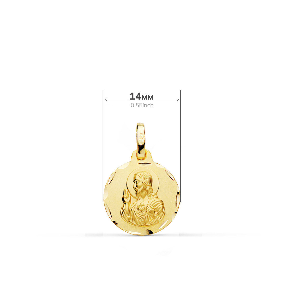 9K ESCAPULARIO ORO AMARILLO TALLADO VIRGEN DEL CARMEN CORAZON DE JESUS 14 MM
