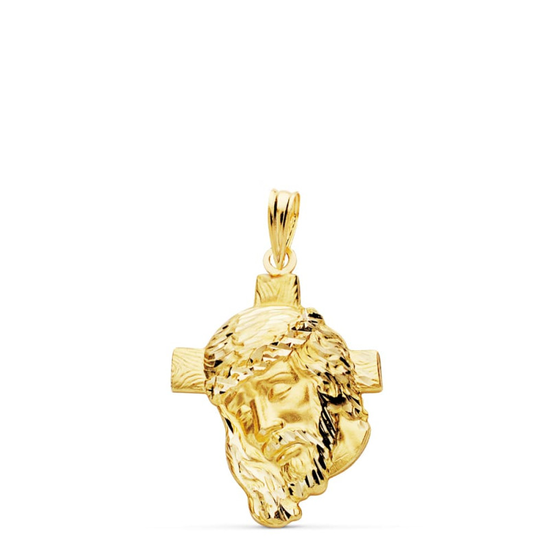 9K COLGANTE COLGANTE ORO AMARILLO CABEZA DE CRISTO  CON CRUZ. 26X18 MM
