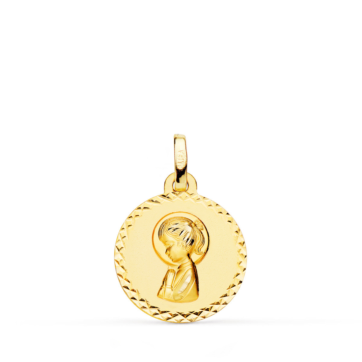 9K MEDALLA ORO AMARILLO VIRGEN NIÑA TALLA CRUZADA 16 MM