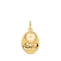 9K MEDALLA ORO AMARILLO OVAL NIÑO DE LA HORA CON RELOJ BRILLO Y MATE 19X12 MM