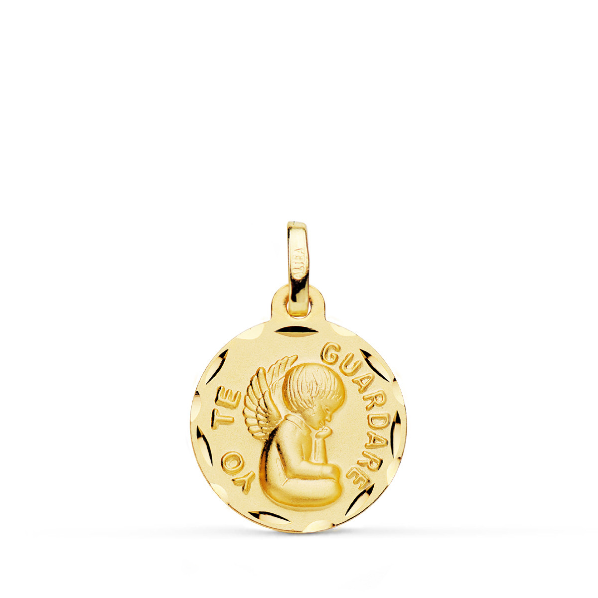 9K MEDALLA ORO AMARILLO TALLADA ANGEL " YO TE GUARDARE " 16 MM