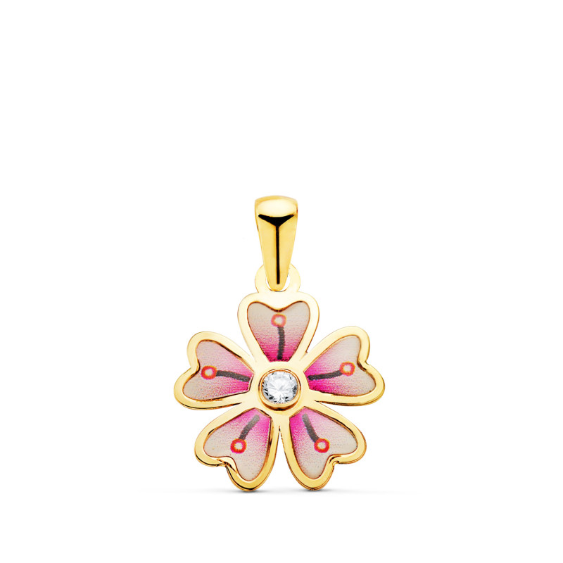 18K COLGANTE ORO AMARILLO FLOR 5 PETALOS CON ESMALTE COLOR Y CIRCONITA.  13 X 11 MM
