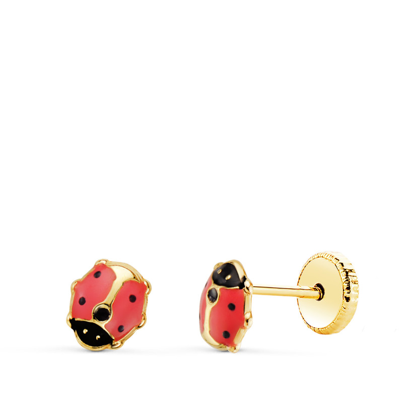 18K PENDIENTES ORO AMARILLO MARIQUITA ESMALTE ROSA 5 X 4,5 MM. CIERRE TUERCA