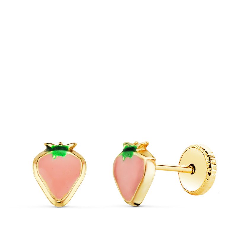 18K PENDIENTES ORO AMARILLO FRESA ESMALTE ROSA 6 X 5 MM. CIERRE TUERCA