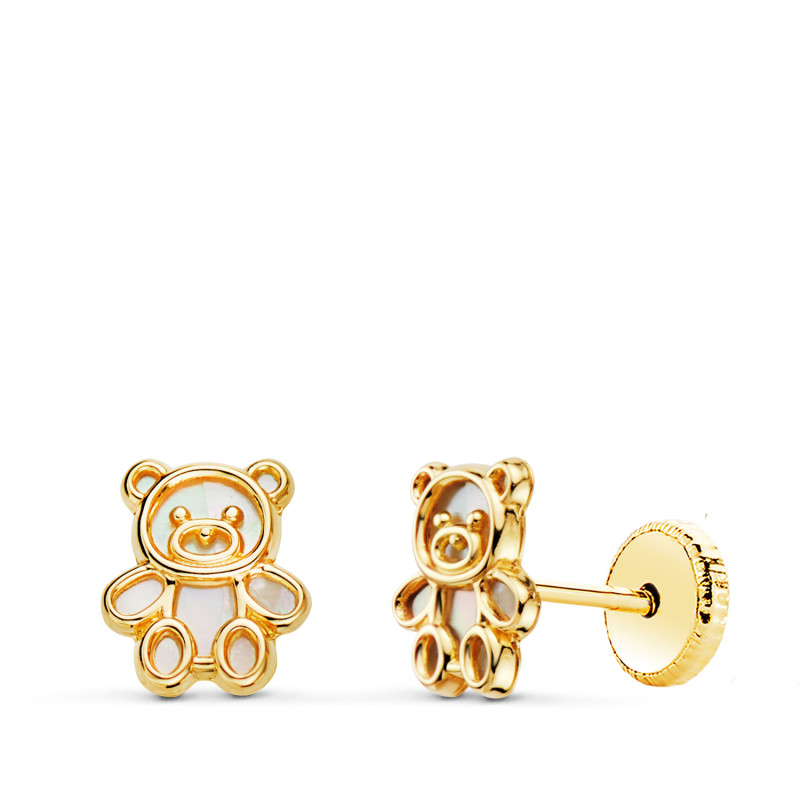 18K PENDIENTES ORO AMARILLO OSOS SILUETA INTERIOR NACAR 7 X 6 MM. CIERRE TUERCA