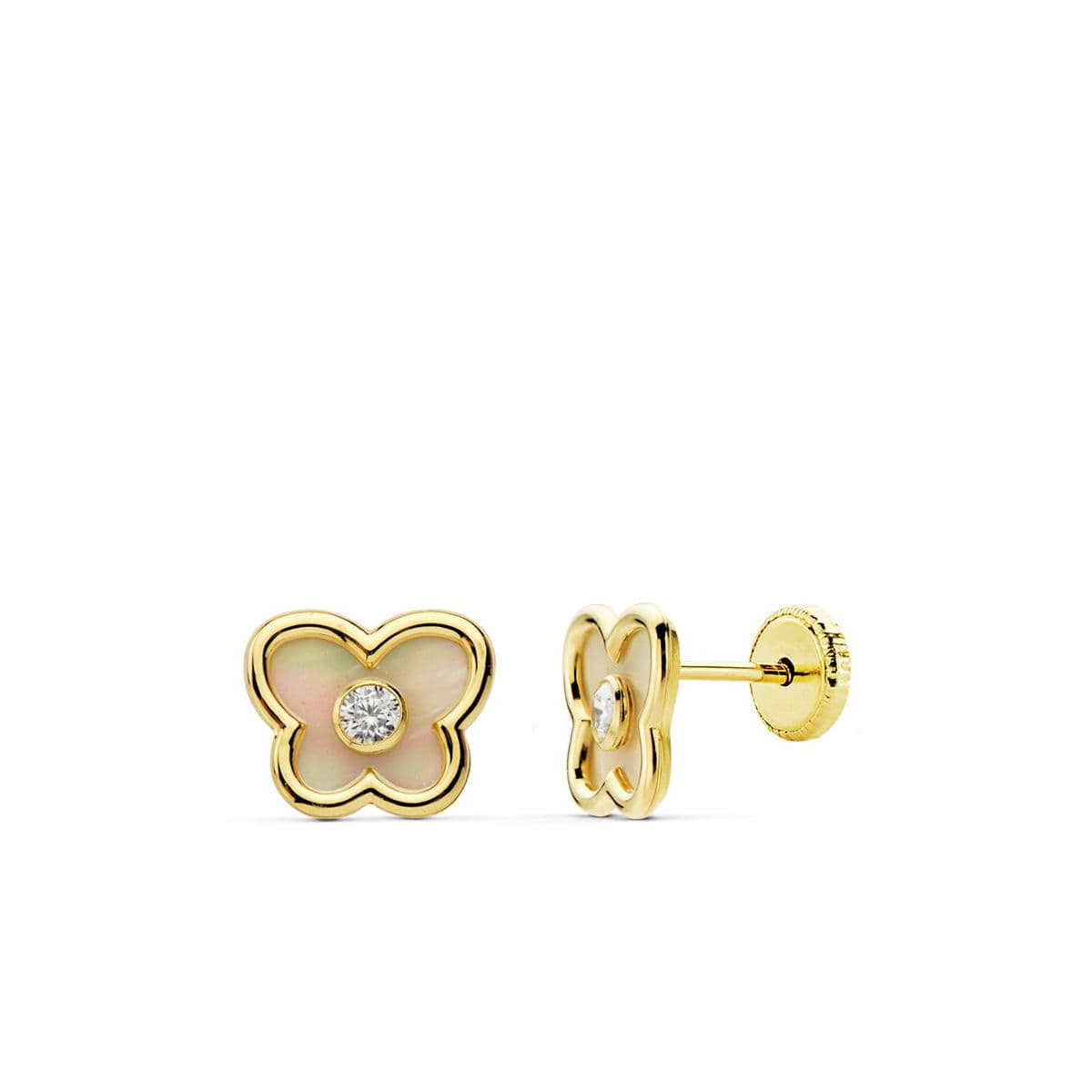 18K PENDIENTES ORO AMARILLO MARIPOSA CON NACAR 8X7 MM. CIERRE TUERCA