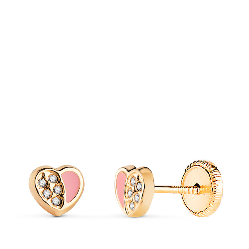 18K PENDIENTES ORO AMARILLO CORAZON ESMALTE ROSA Y CIRCONITAS 5,5X5 MM. CIERRE TUERCA