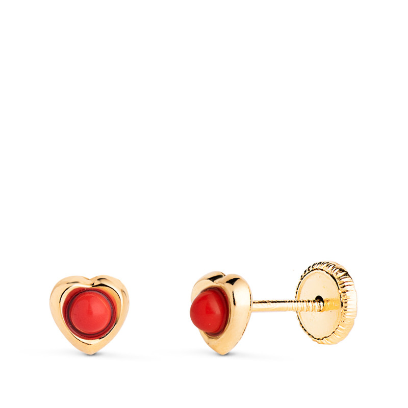 18K PENDIENTES ORO AMARILLO CORAZON CON CORAL DE 2,4MM. MEDIDA: 5 X 5MM. CIERRE TUERCA