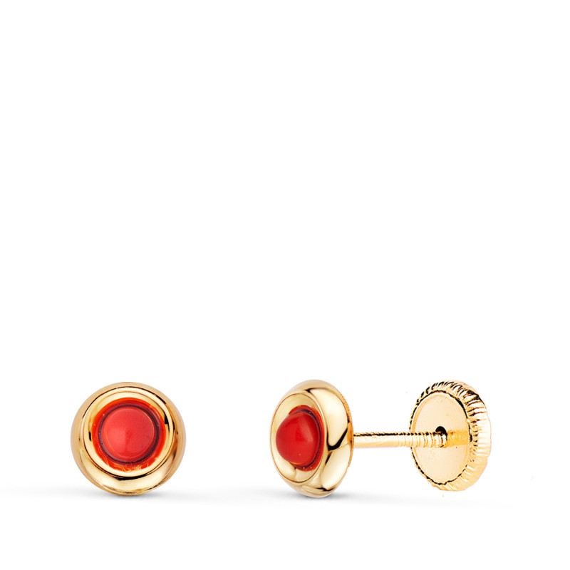18K PENDIENTES ORO AMARILLO REDONDOS CON CORAL DE 2MM. ANCHO: 5MM. CIERRE TUERCA
