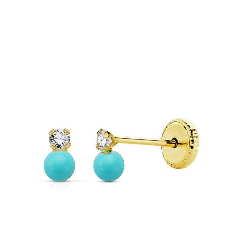 18K PENDIENTES ORO AMARILLO TU Y YO CIRCONITA Y TURQUESA 5X3 MM. CIERRE TUERCA