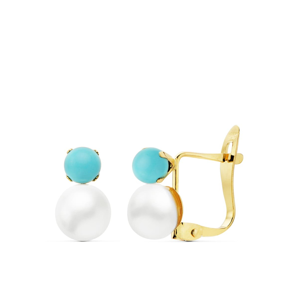 18K PENDIENTES ORO AMARILLO TURQUESA 3 MM PERLA 6 MM CIERRE CATALAN