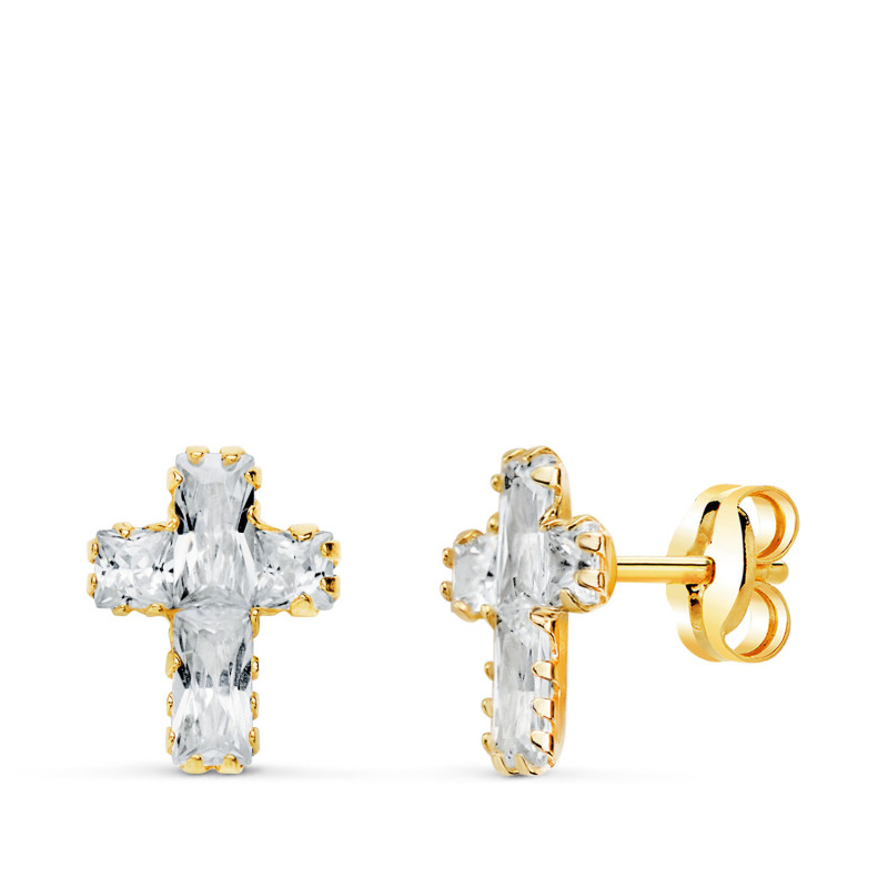 18K PENDIENTES ORO AMARILLO CRUZ CIRCONITAS BAGUETTE. 8,5 X 6,5 MM. CIERRE PRESION