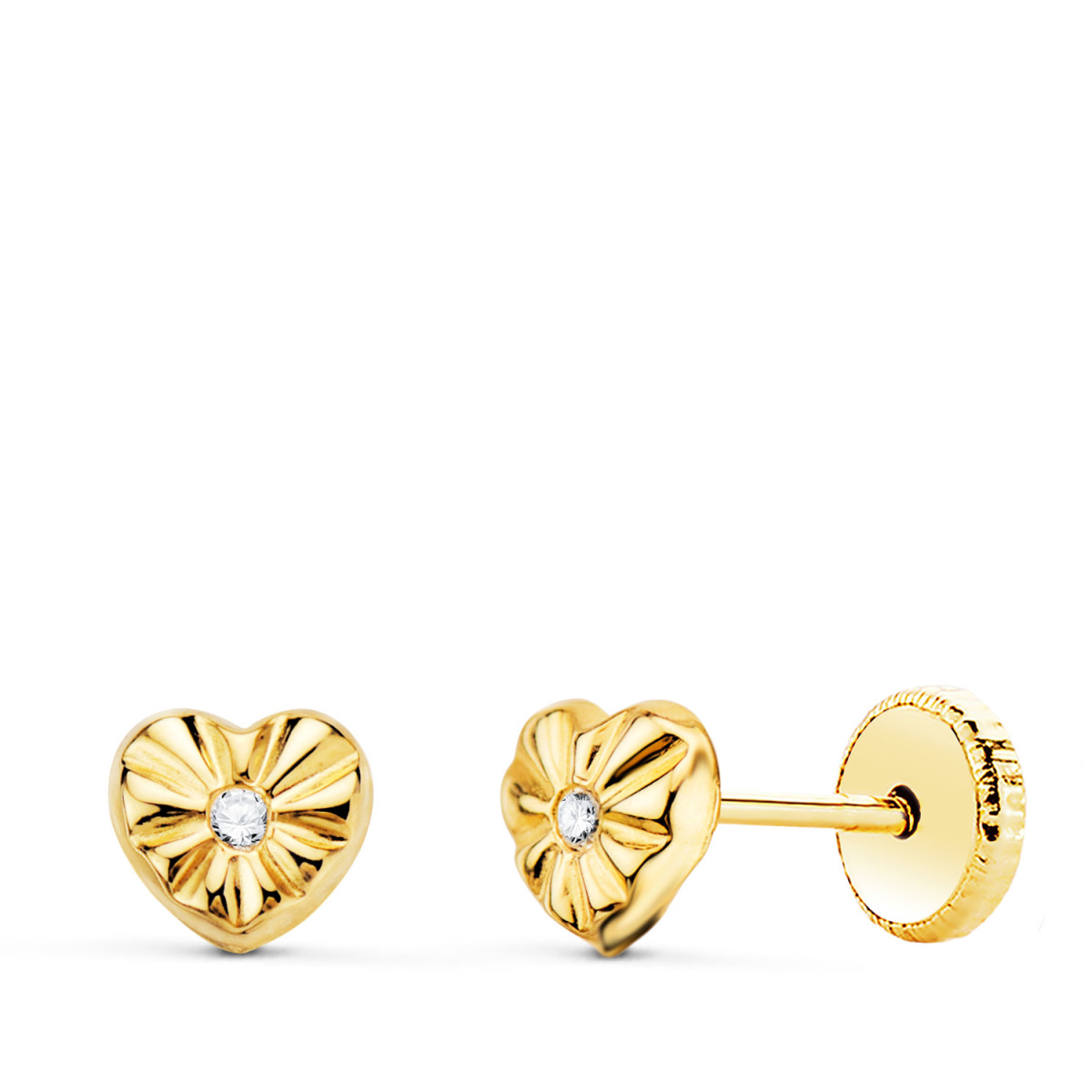 18K PENDIENTES ORO AMARILLO CORAZON CON CIRCONITA 5 X 5 MM CIERRE TUERCA