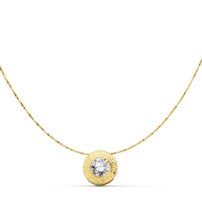 18K COLLAR ORO AMARILLO CHATON CON CIRCONITA 6.5 MM GRECA Y CADENA 42CM
