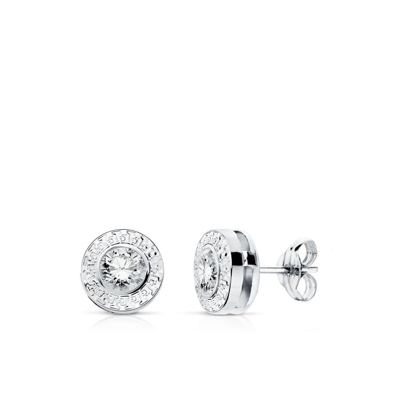 18K PENDIENTES ORO BLANCO  CHATON REDONDOS  7 MM  CON GRECA   Y  CIRCONITA   CIERRE PRESION