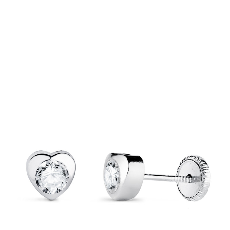 18K PENDIENTES ORO BLANCO CHATON CORAZON CON CIRCONITA. MEDIDA: 5 X 5 MM CIERRE TUERCA