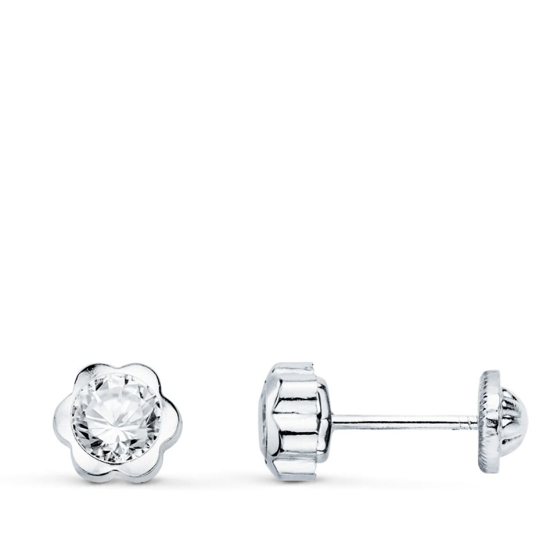 18K PENDIENTES ORO BLANCO CHATON FLOR CON CIRCONITA 6X6 MM CIERRE TUERCA