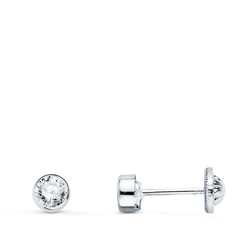 18K PENDIENTES ORO BLANCO CHATON REDONDOS  CON CIRCONITA  3 MM CIERRE TUERCA