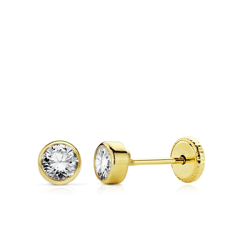 18K PENDIENTES ORO AMARILLO CHATON CIRCONITA REDONDOS  4 MM TUERCA
