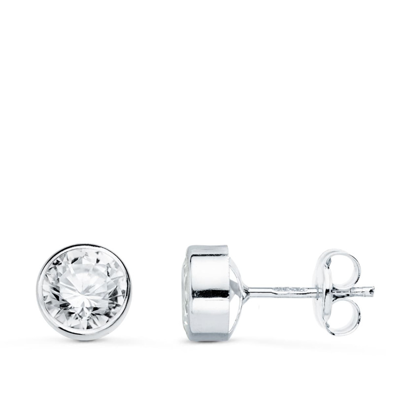 18K PENDIENTES ORO BLANCO CHATON REDONDO CON CIRCONITA 6 MM CIERRE PRESION
