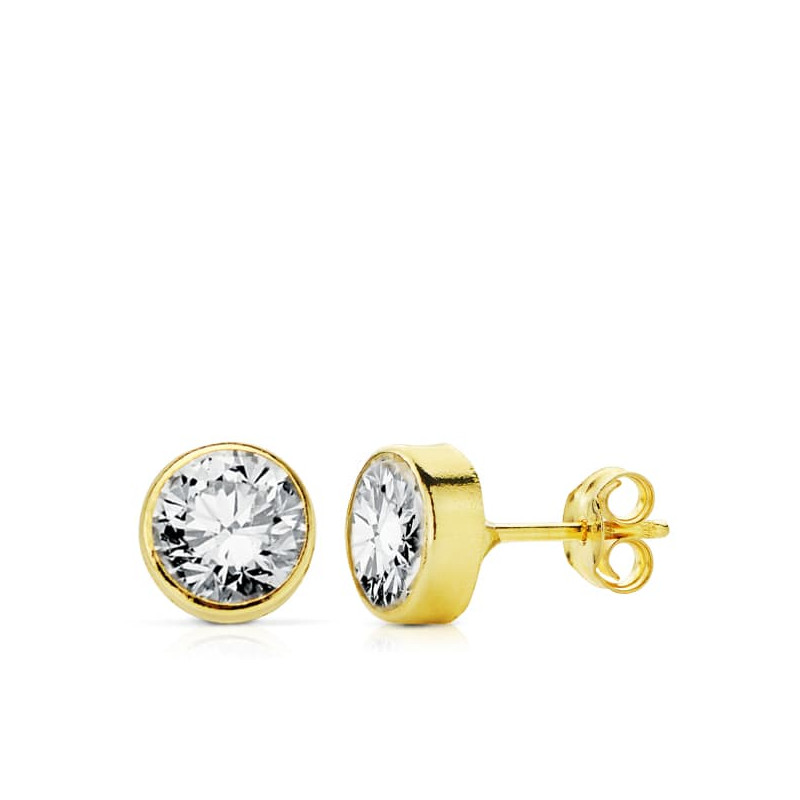 18K PENDIENTES ORO AMARILLO CHATON REDONDO CIRCONITA 7 MM CIERRE PRESION