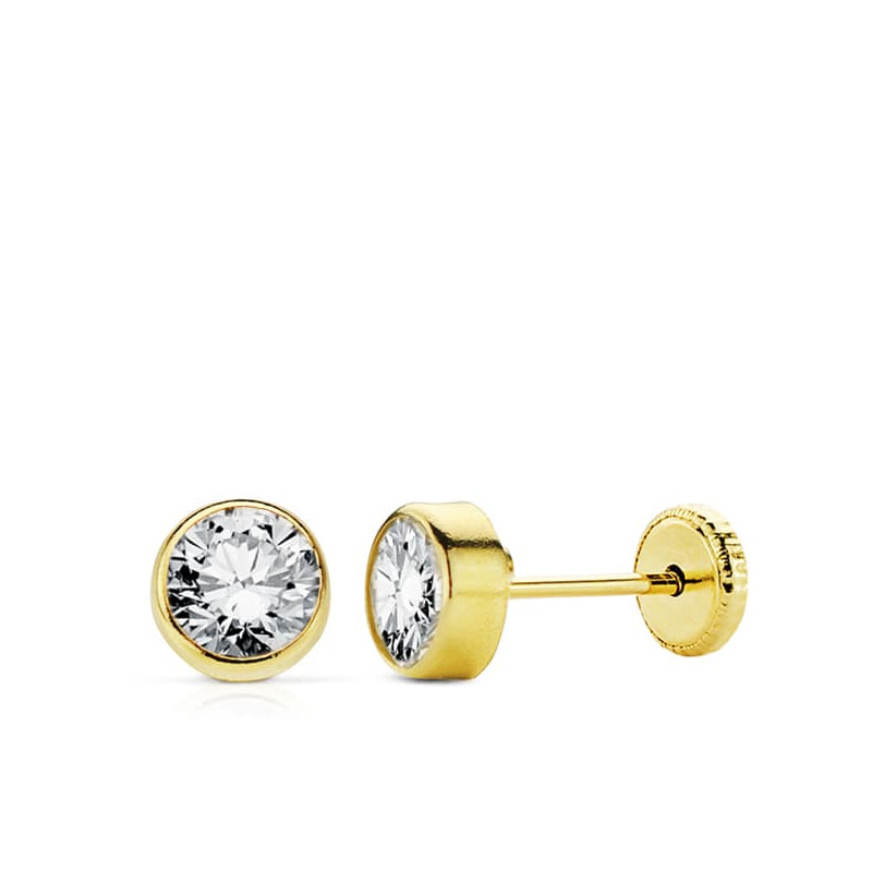 18K PENDIENTES ORO AMARILLO CHATON CIRCONITA REDONDOS 7 MM CIERRE TUERCA