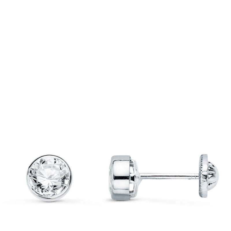 18K PENDIENTES CIRCONITA CHATON REDONDOS 7 MM ORO BLANCO CIERRE TUERCA