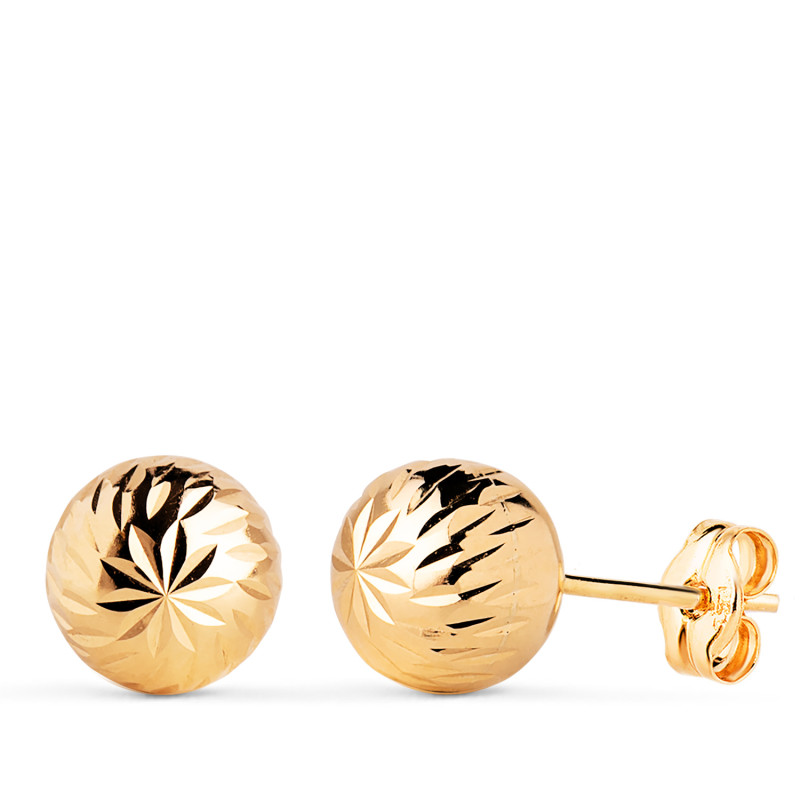 18K PENDIENTES ORO AMARILLO BOLA TALLADA HUECA. ANCHO: 8 MM. CIERRE PRESION