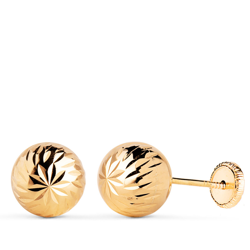 18K PENDIENTES ORO AMARILLO BOLA TALLADA HUECA. ANCHO: 8 MM. CIERRE TUERCA
