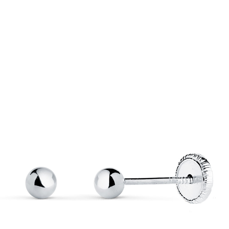 18K PENDIENTES ORO BLANCO BOLA LISA BRILLA HUECA. ANCHO: 3 MM. CIERRE TUERCA