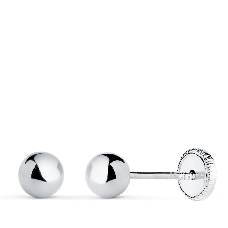 18K PENDIENTES ORO BLANCO BOLA LISA BRILLA HUECA. ANCHO: 5 MM. CIERRE TUERCA