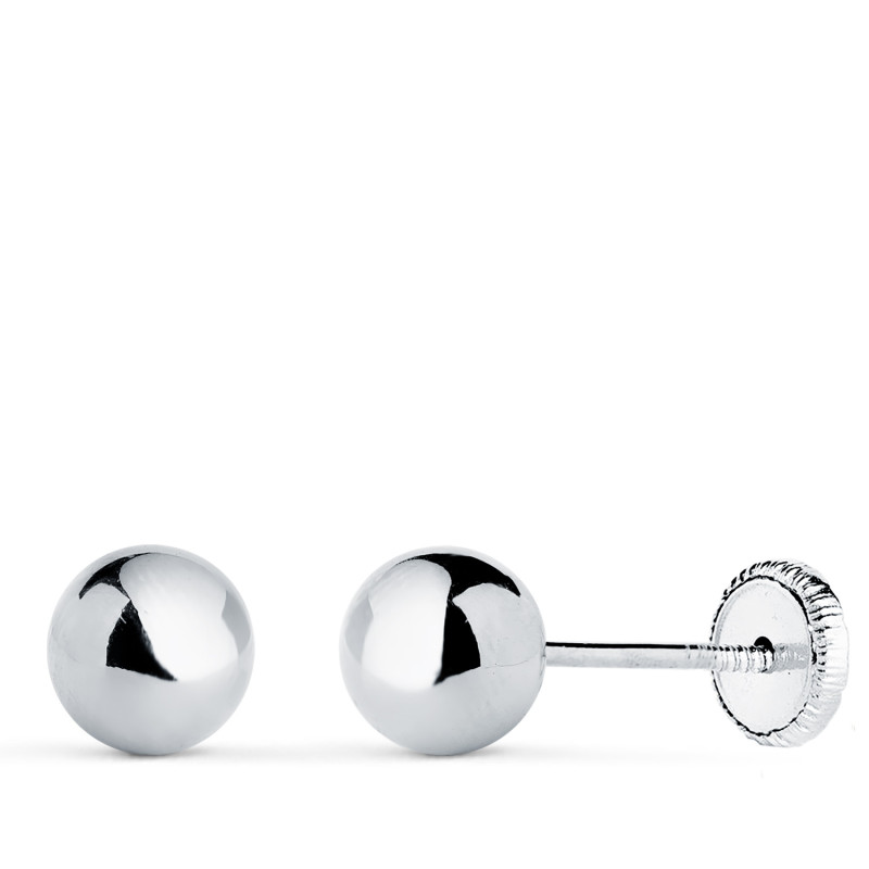 18K PENDIENTES ORO BLANCO BOLA LISA BRILLA HUECA. ANCHO: 6 MM. CIERRE TUERCA