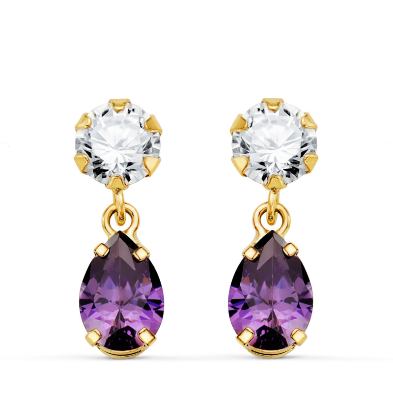 18K PENDIENTES ORO AMARILLO DOS CUERPOS CON CIRCONITA Y AMATISTA LAGRIMA 16 X 5MM. CIERRE PRESION