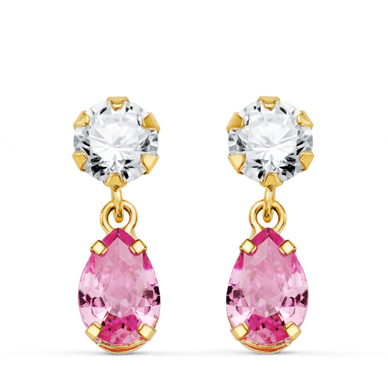 18K PENDIENTES ORO AMARILLO DOS CUERPOS CON CIRCONITA Y PIEDRA ROSA LAGRIMA 16 X 5MM. CIERRE PRESION